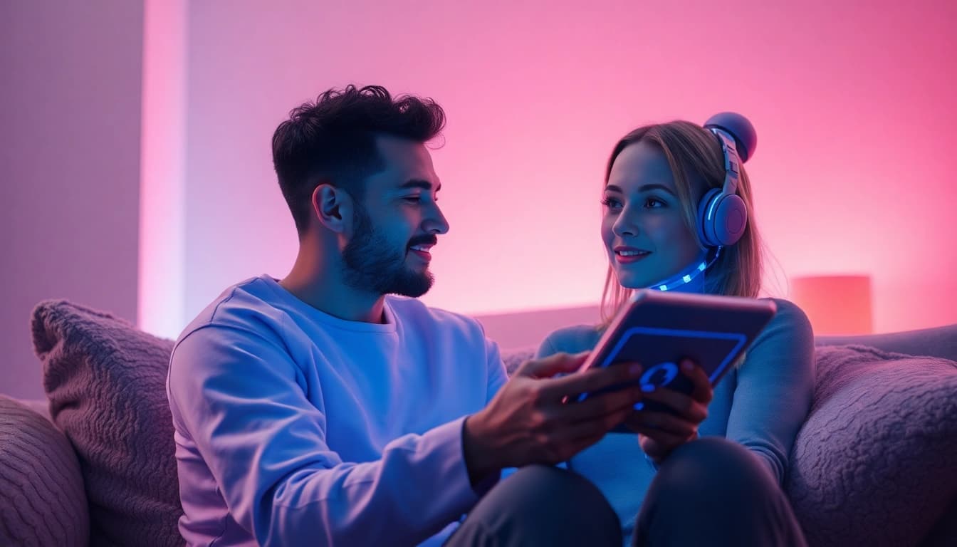 User engaging with an AI character in a cozy, intimate setting, illustrating sex AI interactions.