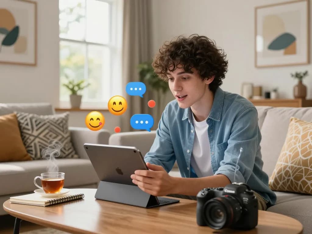 Engaging user with sex chat AI on a tablet in a cozy living room setting.