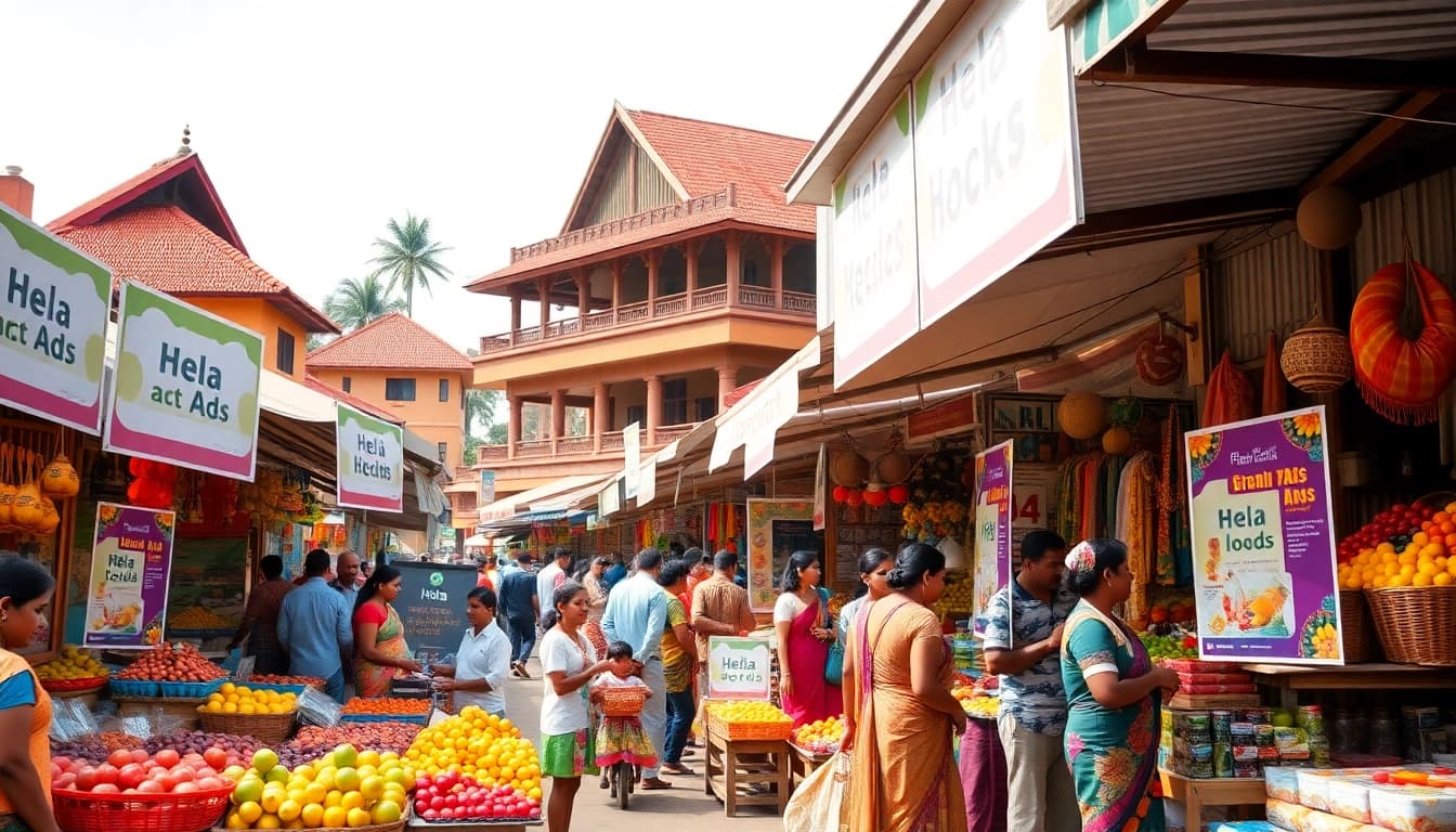 Vibrant Sri Lankan marketplace showcasing Hela Ads posters with people engaging in trade.