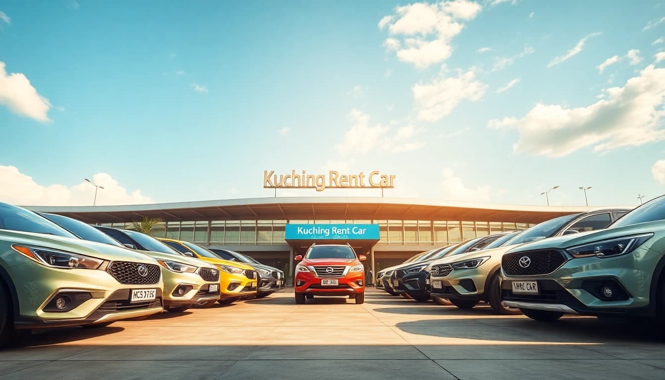 Kuching rent car options available at Kuching International Airport, showcasing modern vehicles in a vibrant atmosphere.