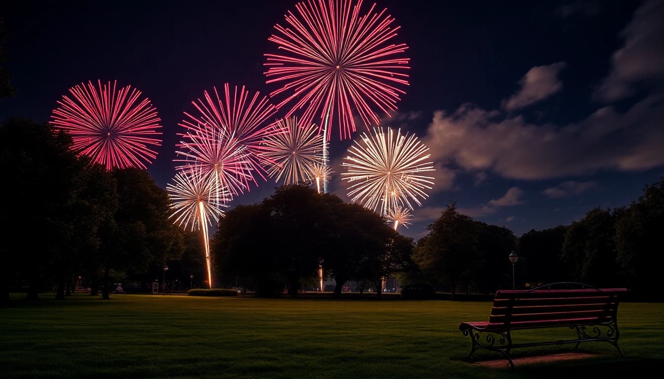 Experience breathtaking manchester fireworks illuminating the night sky over a lush park.