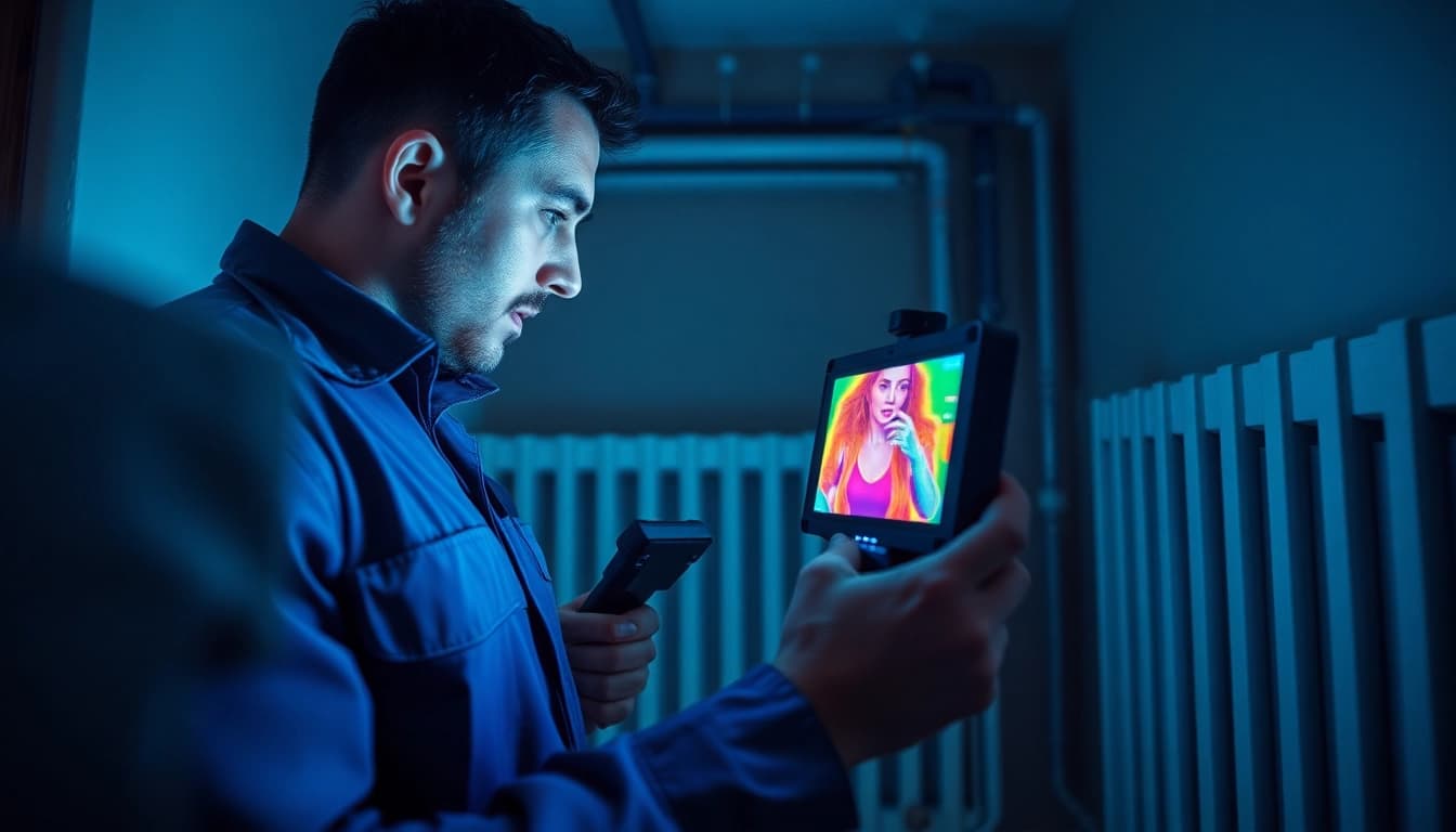Technician detecting a central heating hidden leak using thermal imaging technology.