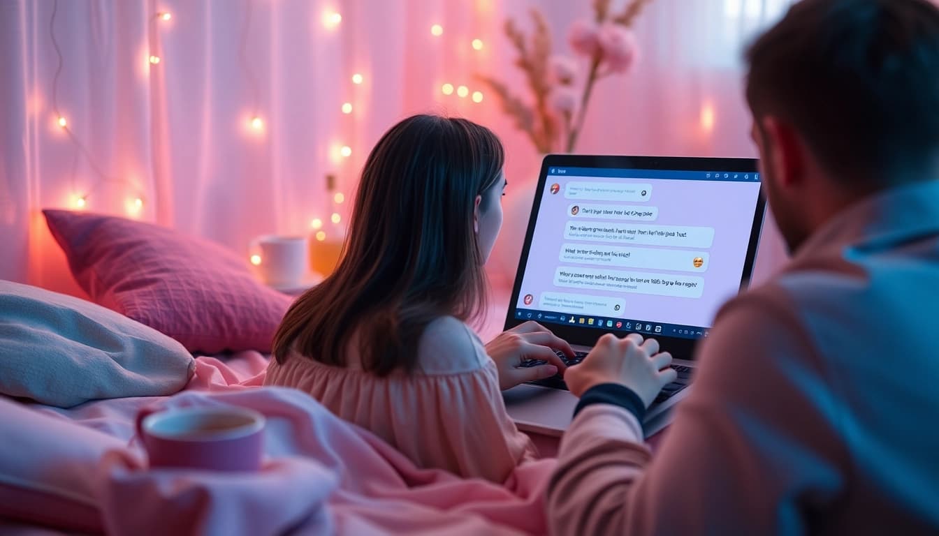 Intimate ai sex chat scene with a cozy atmosphere, showcasing a user engaging with a chatbot on a laptop.