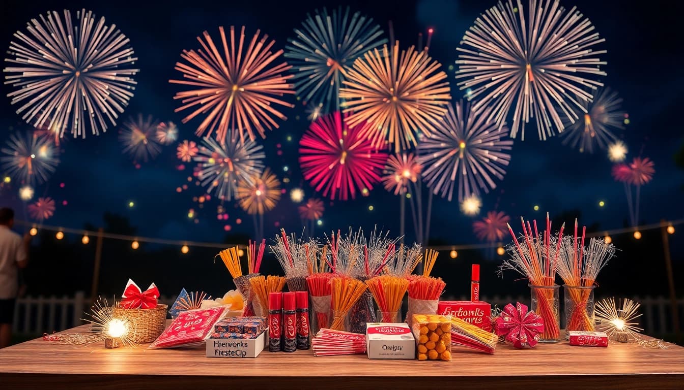 Discover amazing fireworks for sale with a colorful display in an outdoor nighttime setting.