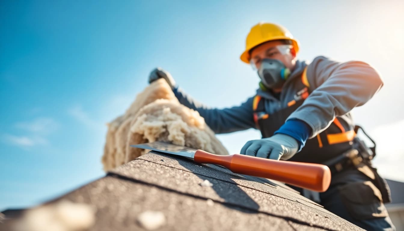 Technician from a roof insulation removal company safely removing insulation with professional tools.