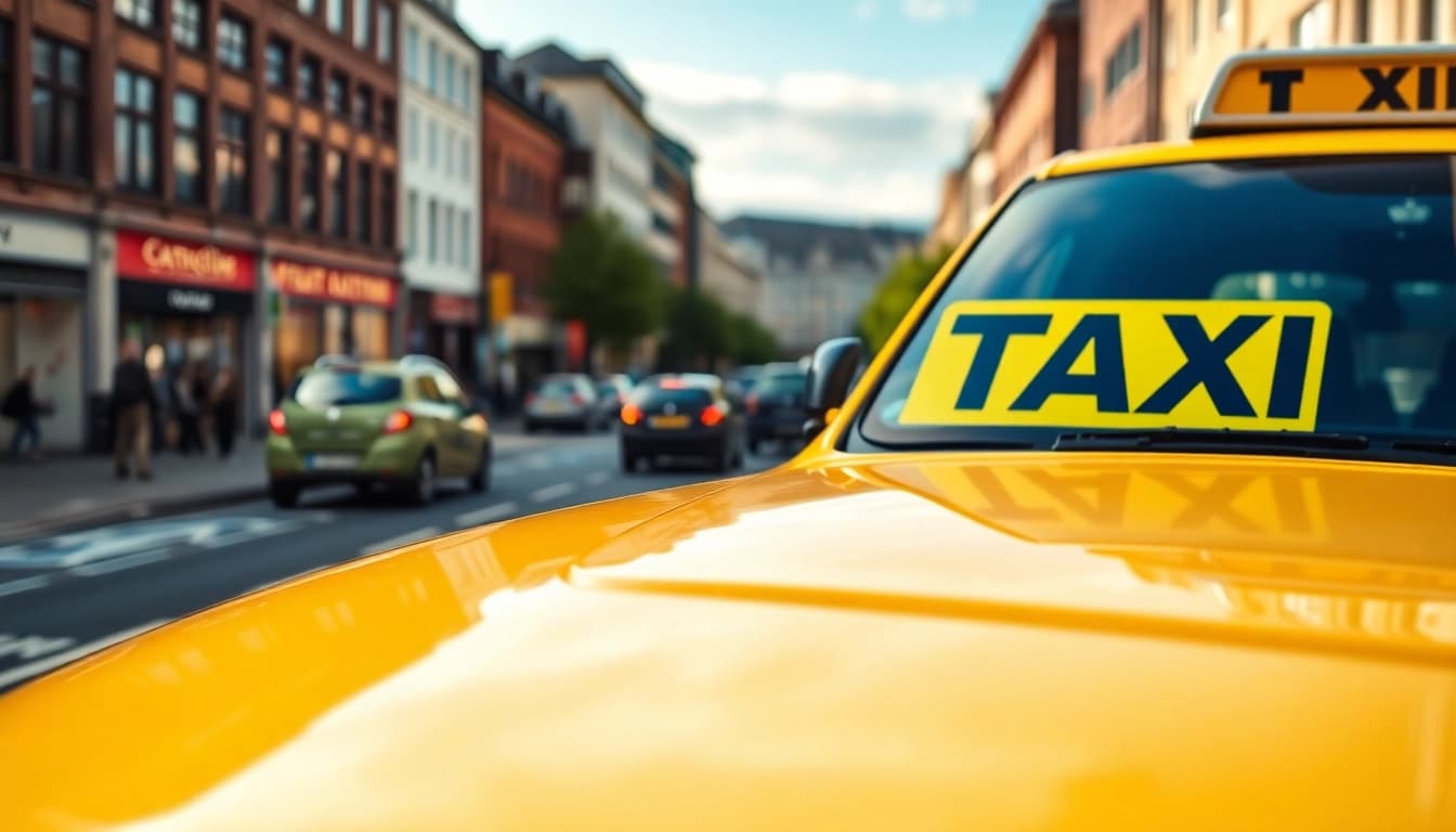 Hire a taxi in Pyrford with a modern vehicle amidst the busy streets.
