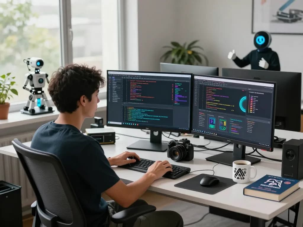 Developer creating AI solutions at a dynamic workspace featuring open claw technology and collaborative tools.