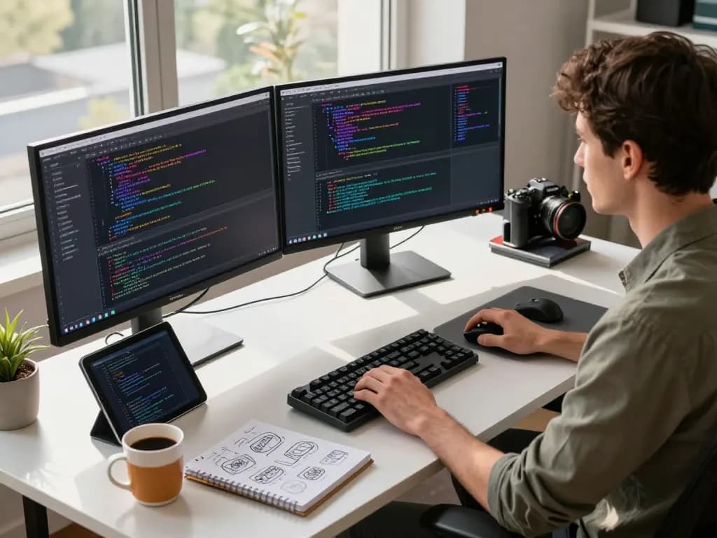 Developer using Open Claw AI in a modern tech workspace with dual monitors and gadgets.