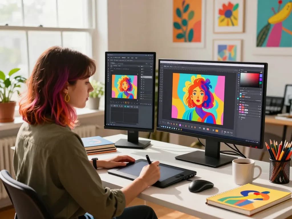Digital artist using nano banana pro for vibrant AI-generated designs in a creative workspace.