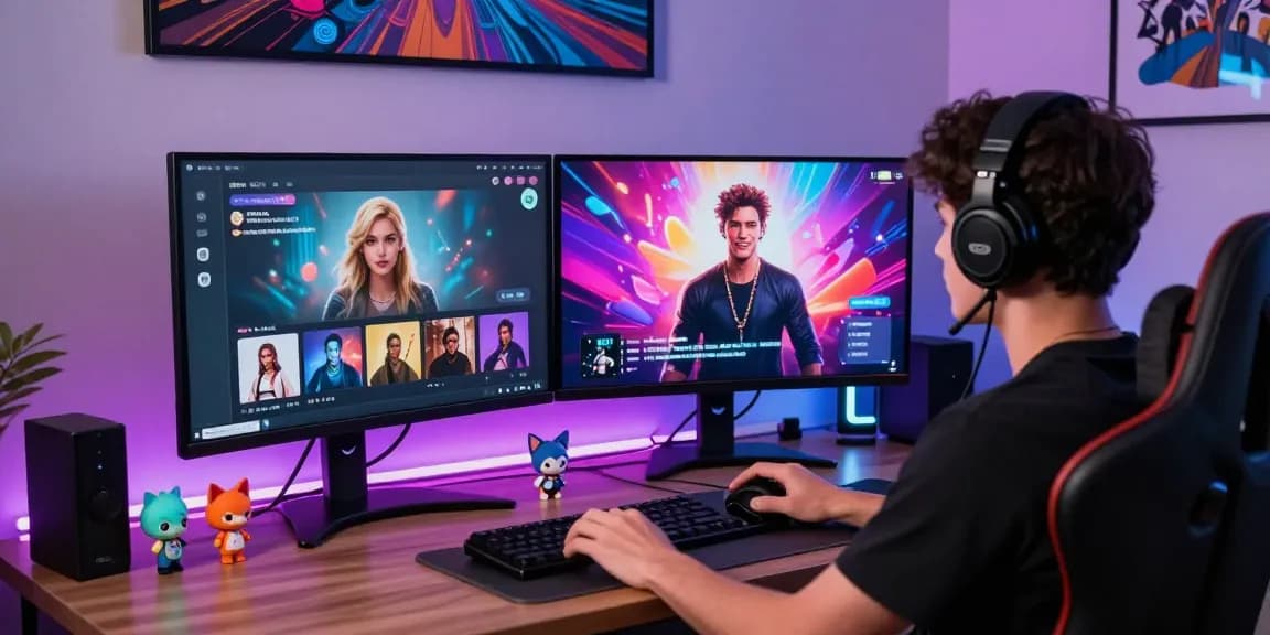 User engaging with a customizable nsfw ai digital companion on dual monitors, showcasing an interactive chat interface.