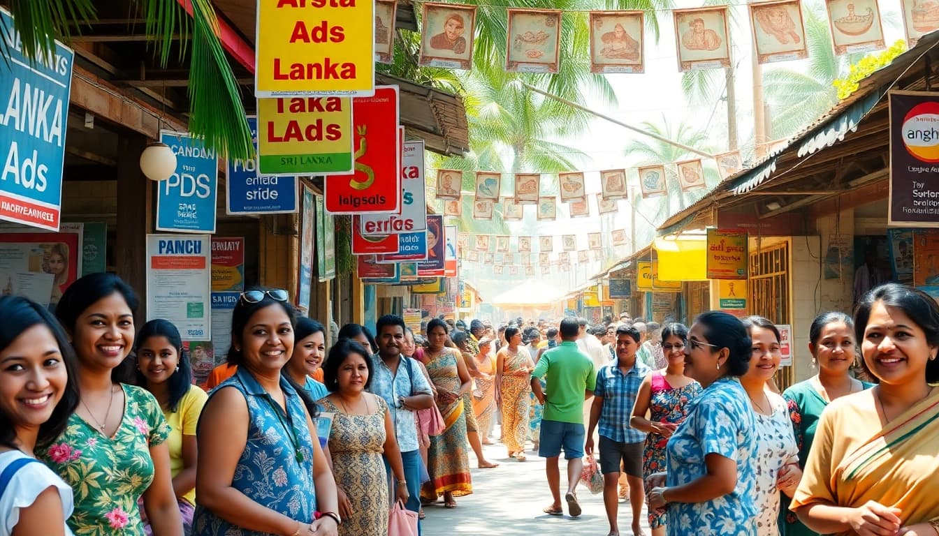 Dynamic marketplace scene promoting Lanka Add with vibrant local ads in Sri Lanka.