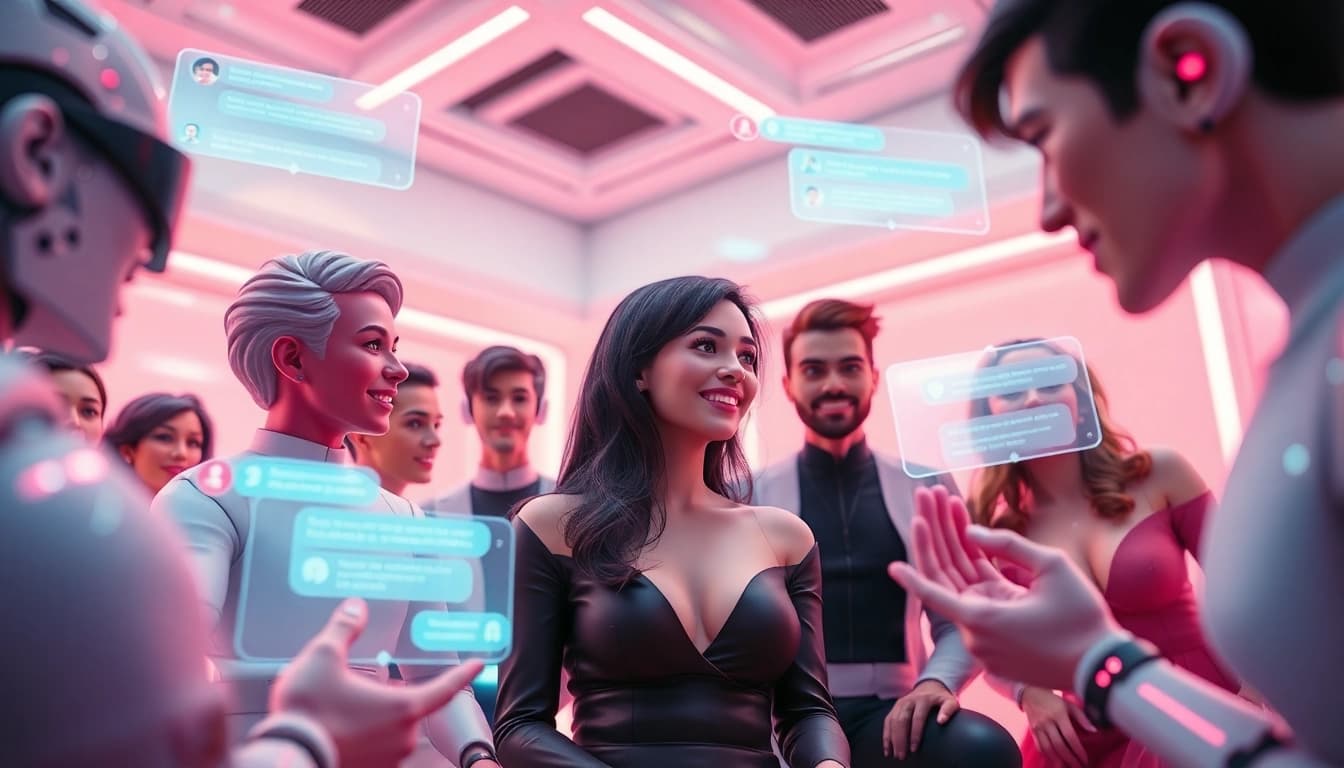 Flirty AI characters engaging in playful interactions in a virtual chat room, showcasing the essence of ai sex chat.