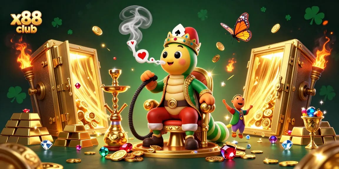 Engage with the exciting x88 club, where vibrant casino elements and a whimsical caterpillar master create a captivating gaming experience.