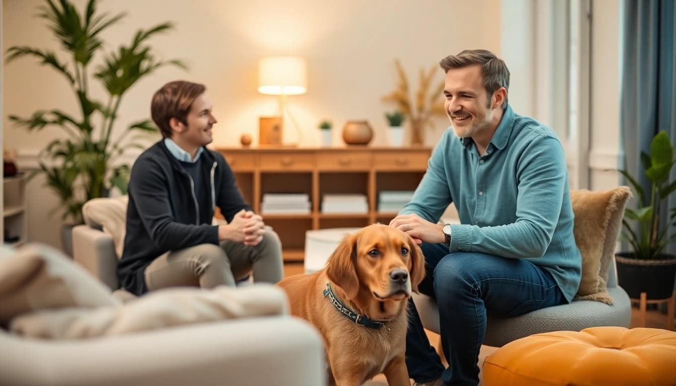 Anxiety treatment Sydney with psychologist Jacob, featuring his therapy dog Wattle for a supportive environment.