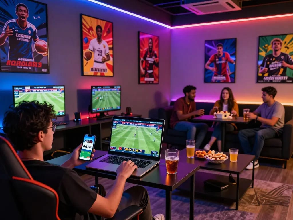 Engaging in sports betting on net88's app while surrounded by friends and snacks.
