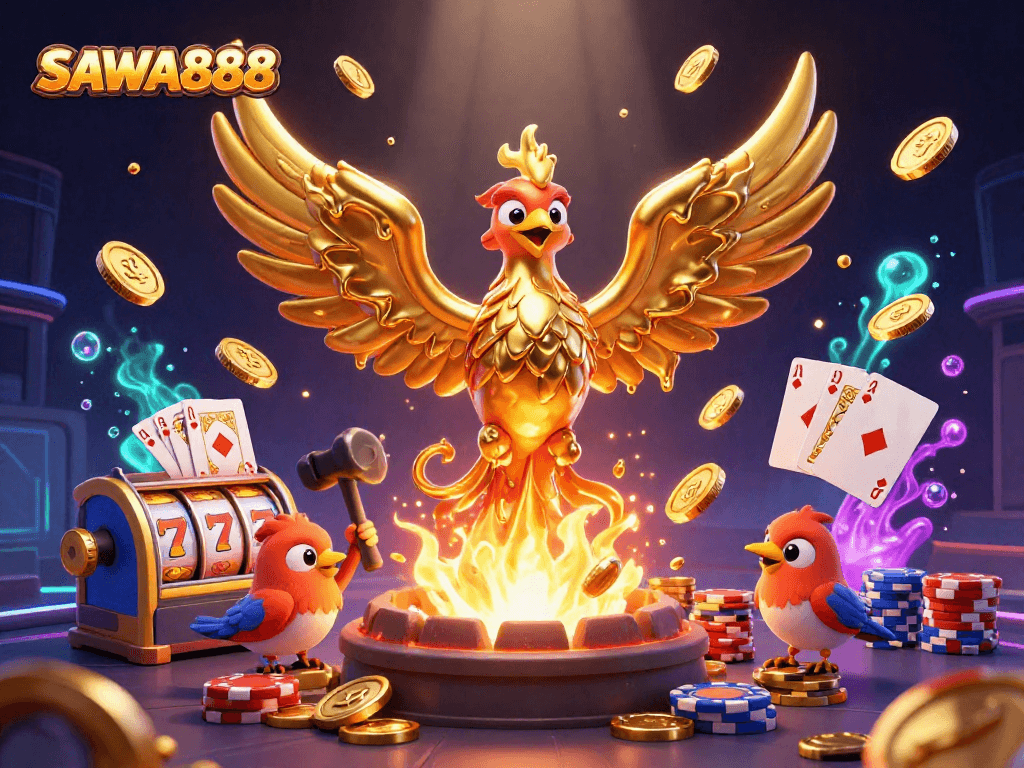 SAWA888 engages players with dynamic slot reels and golden phoenix in a vibrant casino scene.