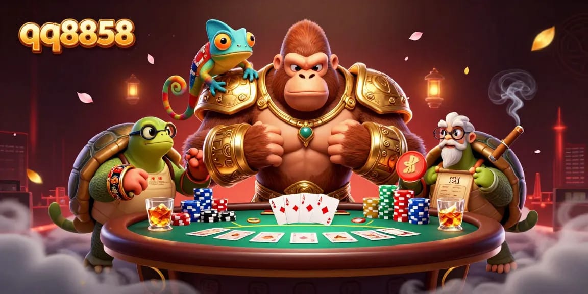 Experience the thrill of qq8858 with a gorilla king and chameleon spy at a vibrant poker table.