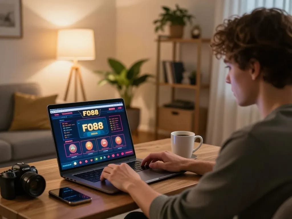 Engaged player exploring FO88's features in a cozy home gaming setup with laptop.