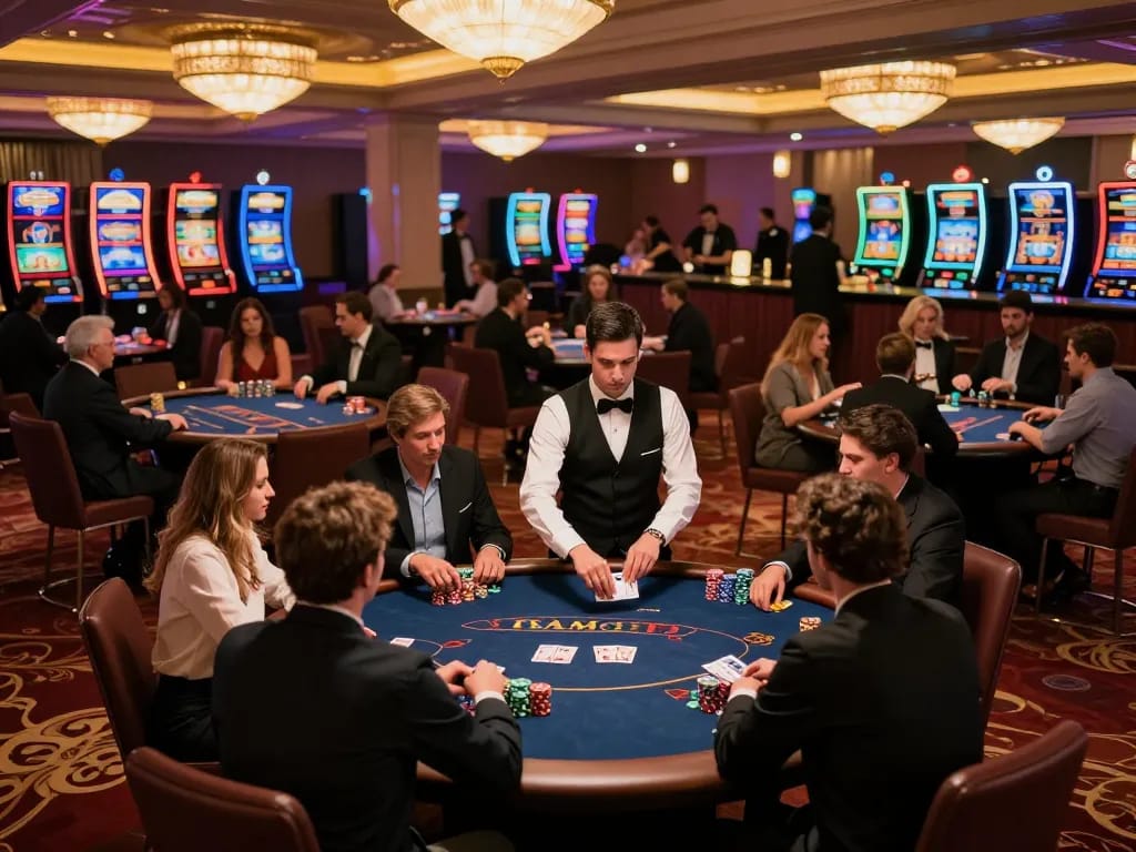 Players engaging in strategic poker gameplay at jun88 casino, with attentive dealer and ambient casino lighting creating an exciting atmosphere.