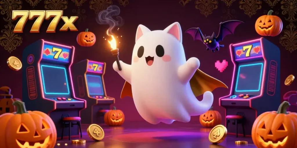 Engage in thrilling 777x casino gameplay featuring a ghost cat, vampire bat, and spooky elements.