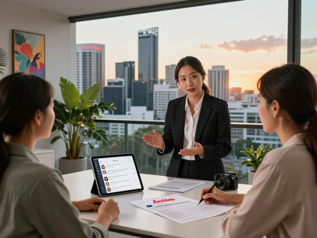 Airbnb management Brisbane: property manager consulting homeowner in stylish apartment