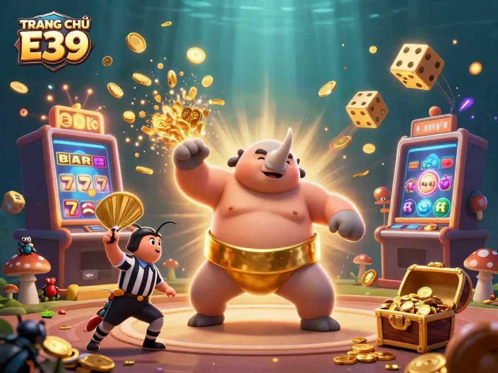 Experience the excitement of TRANG CHỦ E39 with vibrant symbols and characters in a spirited casino scene.