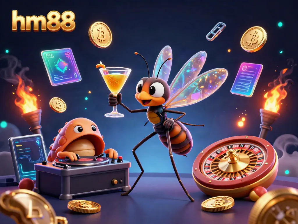 Catch the excitement with hm88 as the vibrant frozen mosquito mascot brings a dazzling casino party to life!