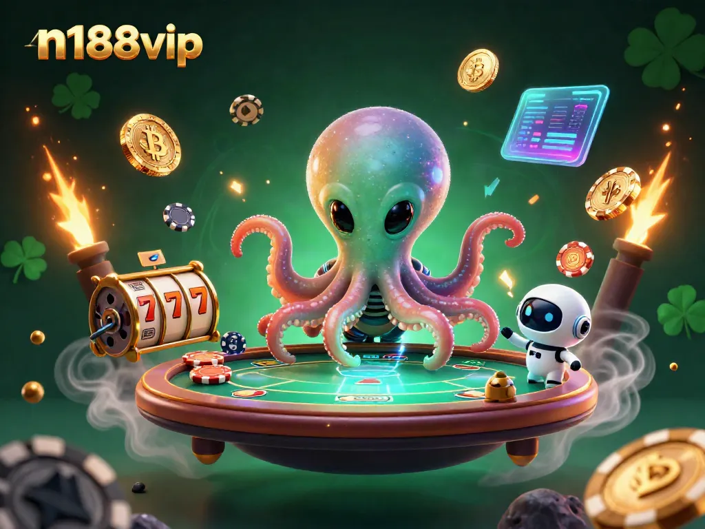 Play at n188vip with an alien octopus dealing cards and glowing crypto elements in a vibrant casino setting.