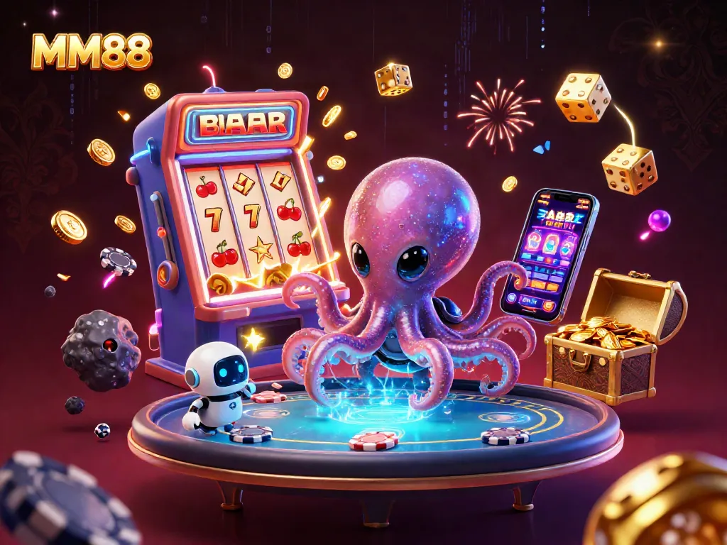 Engage with MM88 in a vibrant casino scene featuring an alien octopus and poker table.