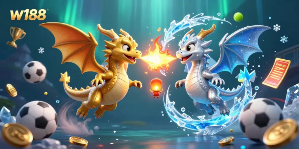 Experience thrilling action with w188 as gold and silver dragons battle in a lively casino-themed scene.