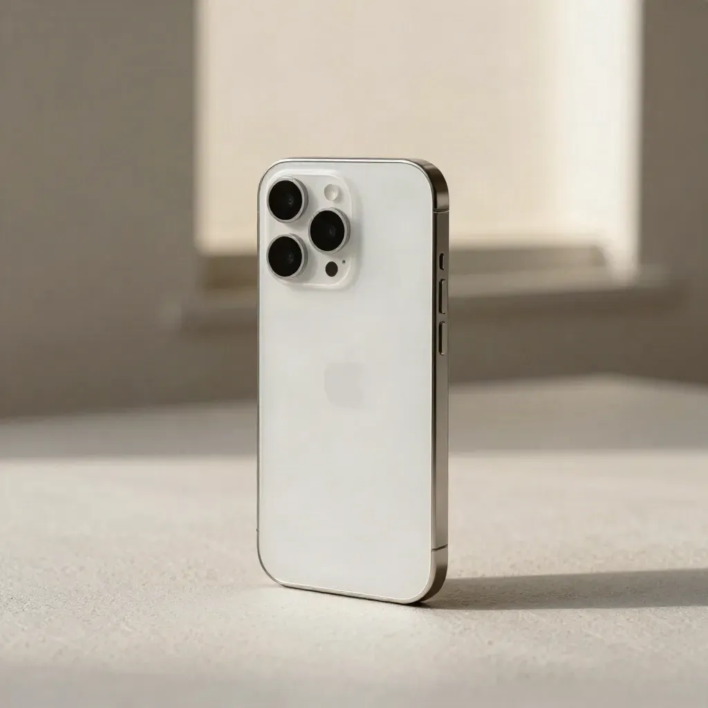Silver iPhone 15 floating on a pale field with a soft graphite shadow.