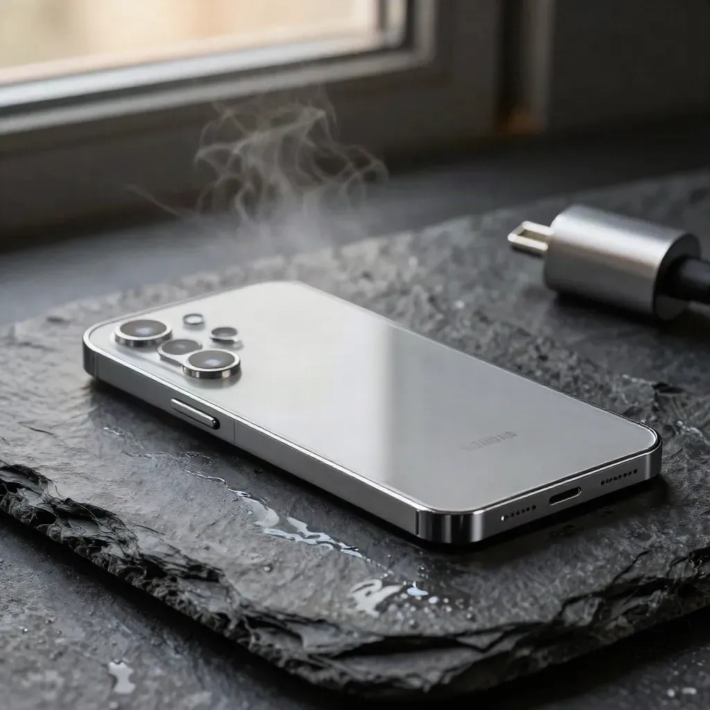 Silver Samsung Galaxy S24 on wet slate with cool rim light and a trailing reflection