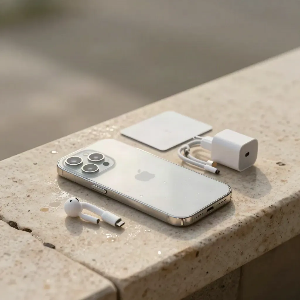 Silver refurbished iPhone 14 with charger, cable, clear case and earbuds on wet pale stone