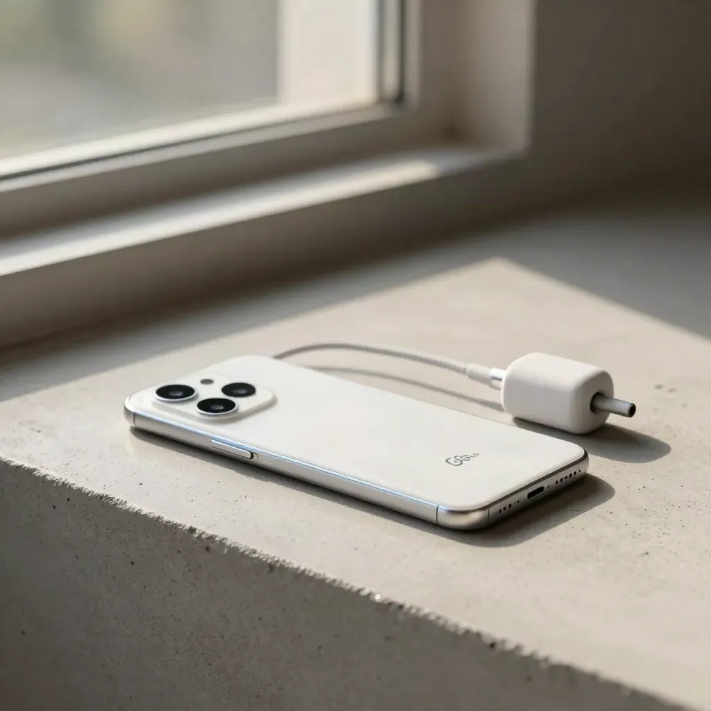 Pixel 8-style phone with case and charger puck on pale concrete in soft window light