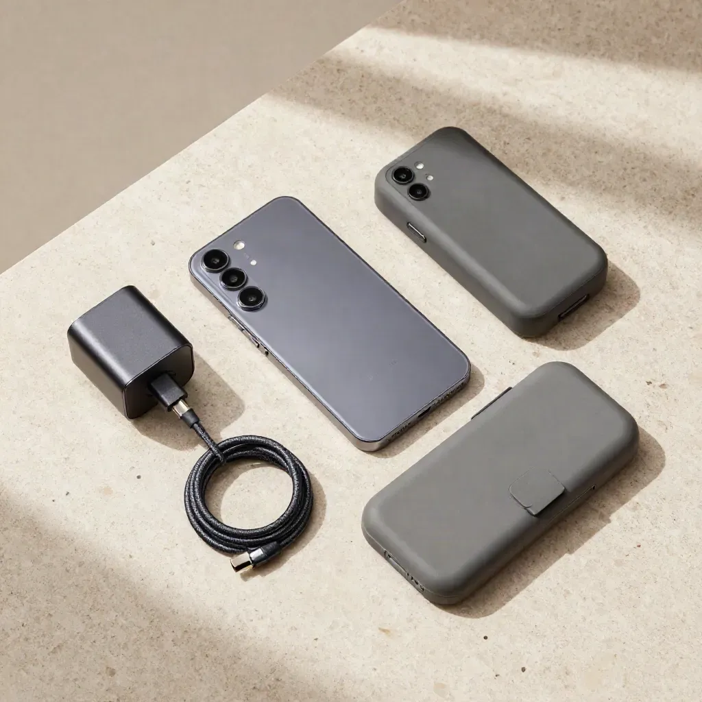Overhead flatlay of a graphite phone, cable, charger and slim case on travertine stone.