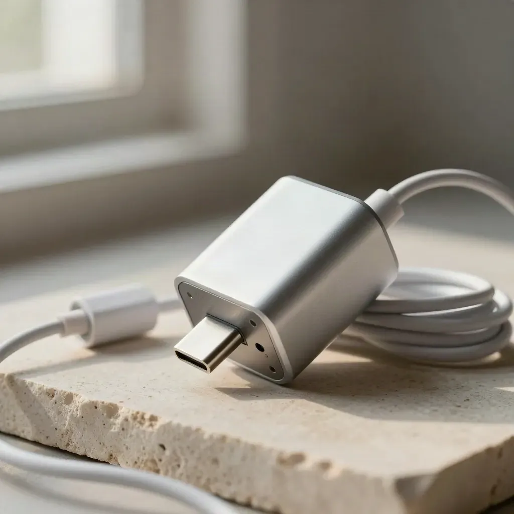 Matte silver USB-C charger leaning on a coiled cable atop pale stone with soft raking light.