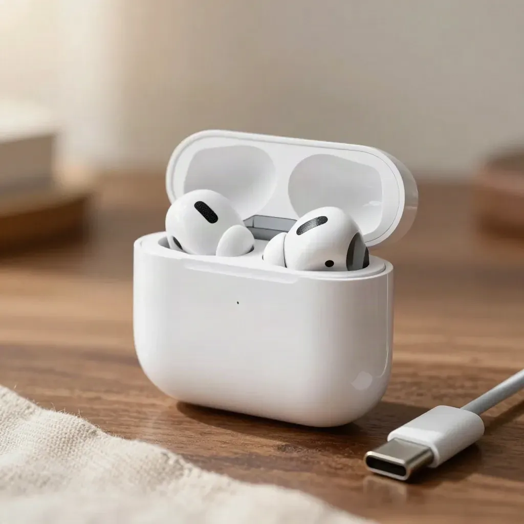 Open AirPods Pro 2 case on warm walnut with charger and cable, softly lit hero product shot