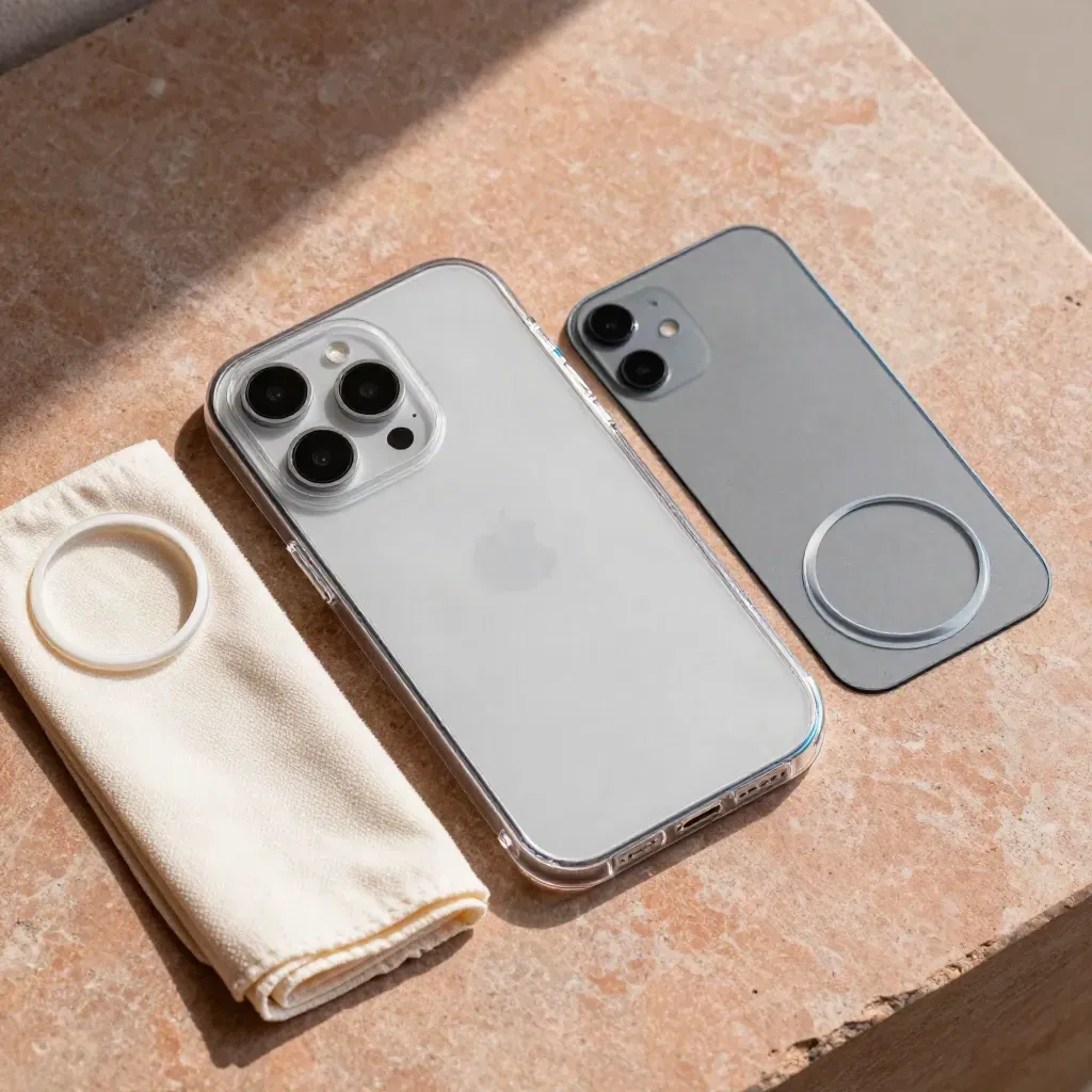 Overhead clear iPhone 15 case with cloth and insert ring on warm stone