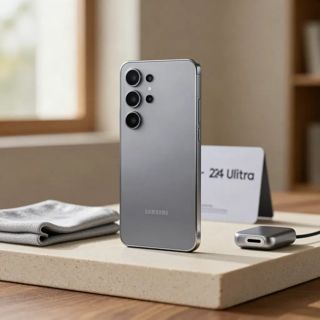 Silver graphite Samsung Galaxy S24 Ultra hero shot on stone with soft retail card backdrop.
