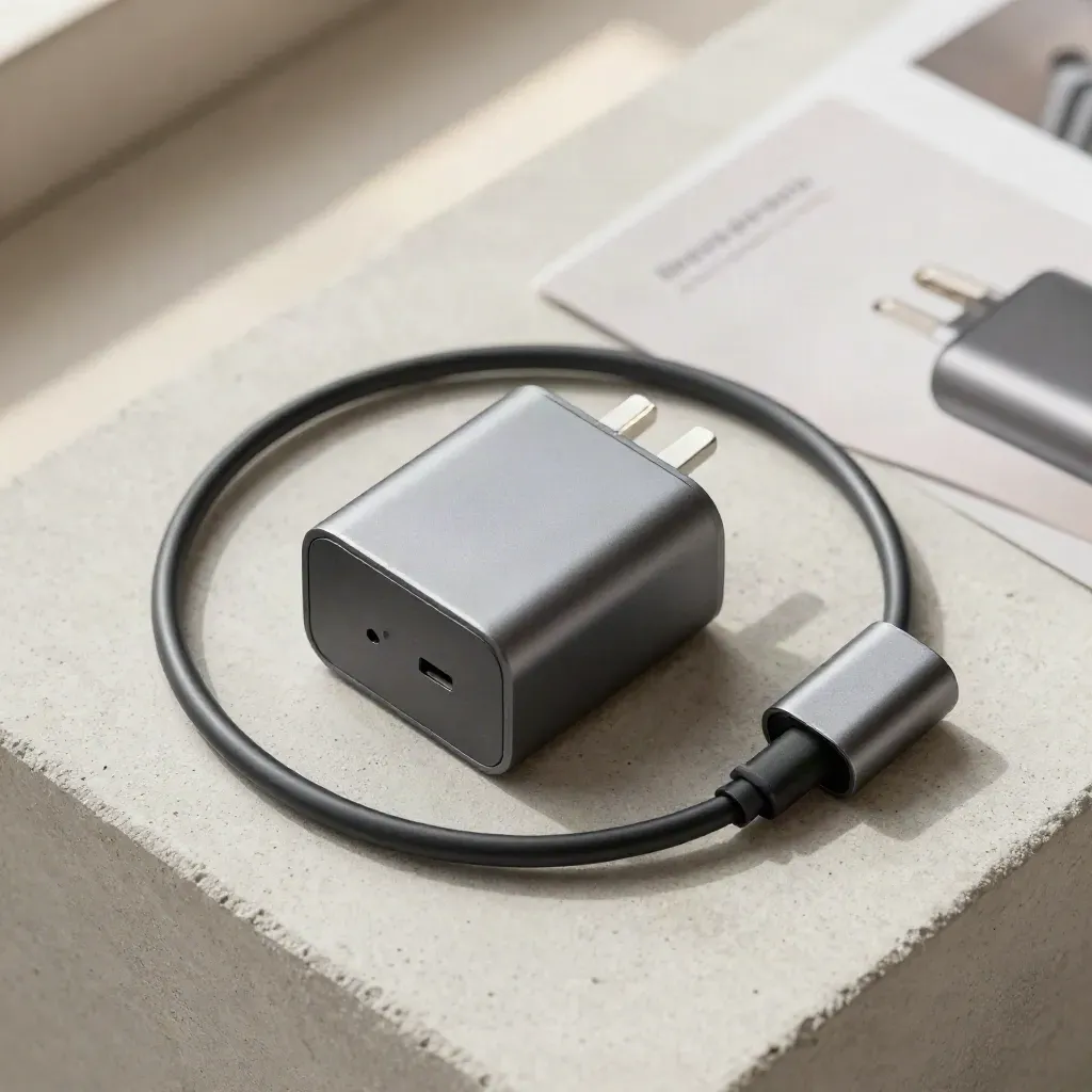 Overhead flatlay of a graphite USB-C fast charger with cable and plug cap on concrete.