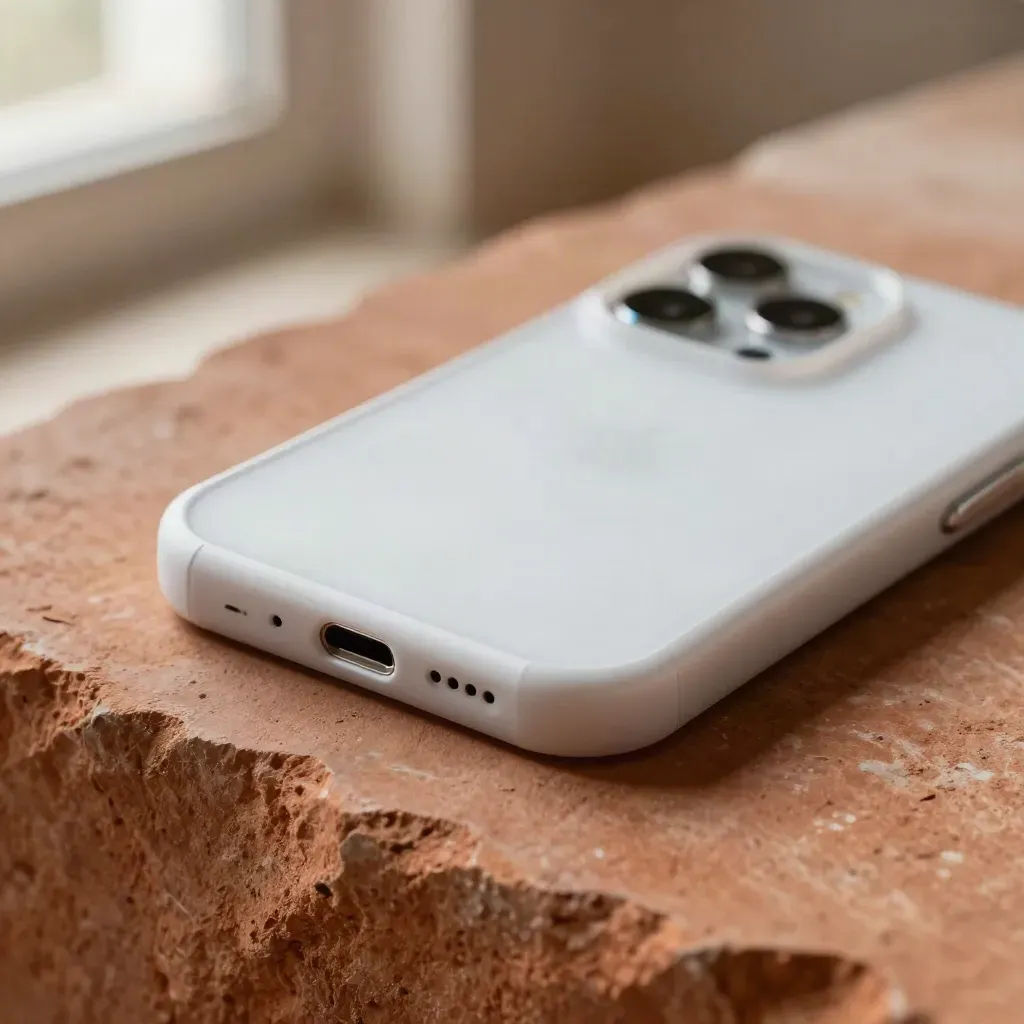 Translucent white and silver phone case macro on terracotta stone with blue glint