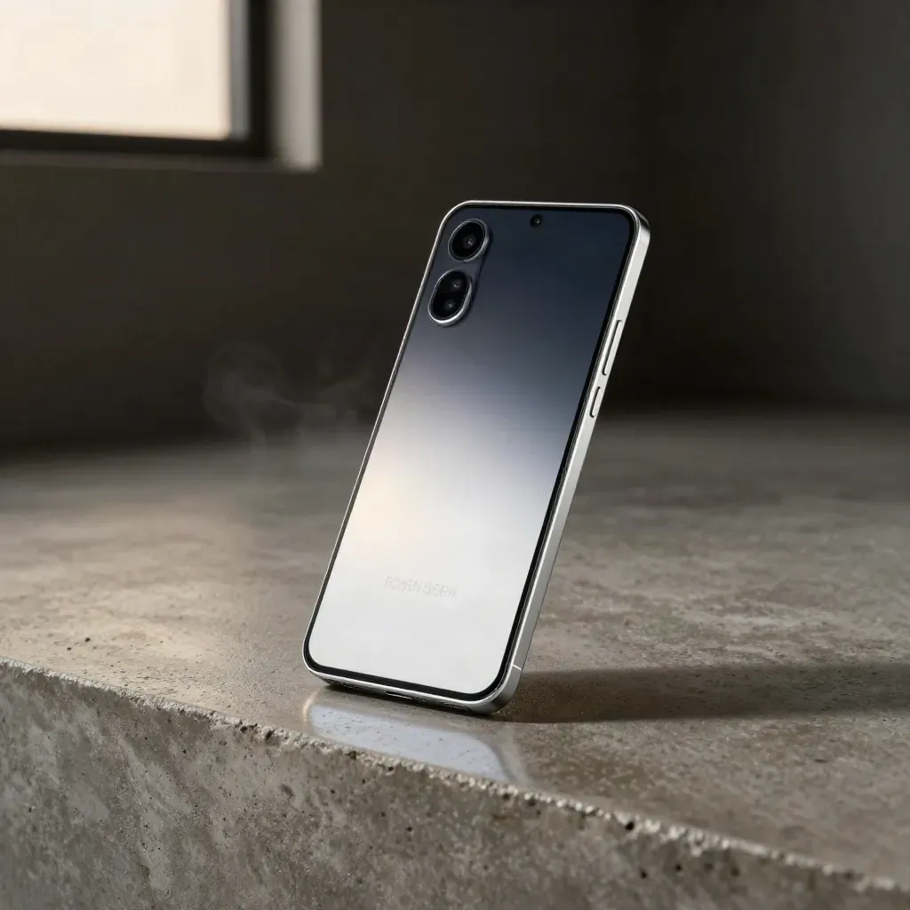 White Samsung Galaxy A35 5G on wet concrete, low diagonal hero shot with mist and cool rim light.
