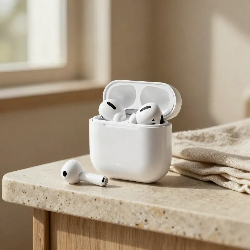 Open white earbuds in a charging case beside linen and a silver puck on warm stone.