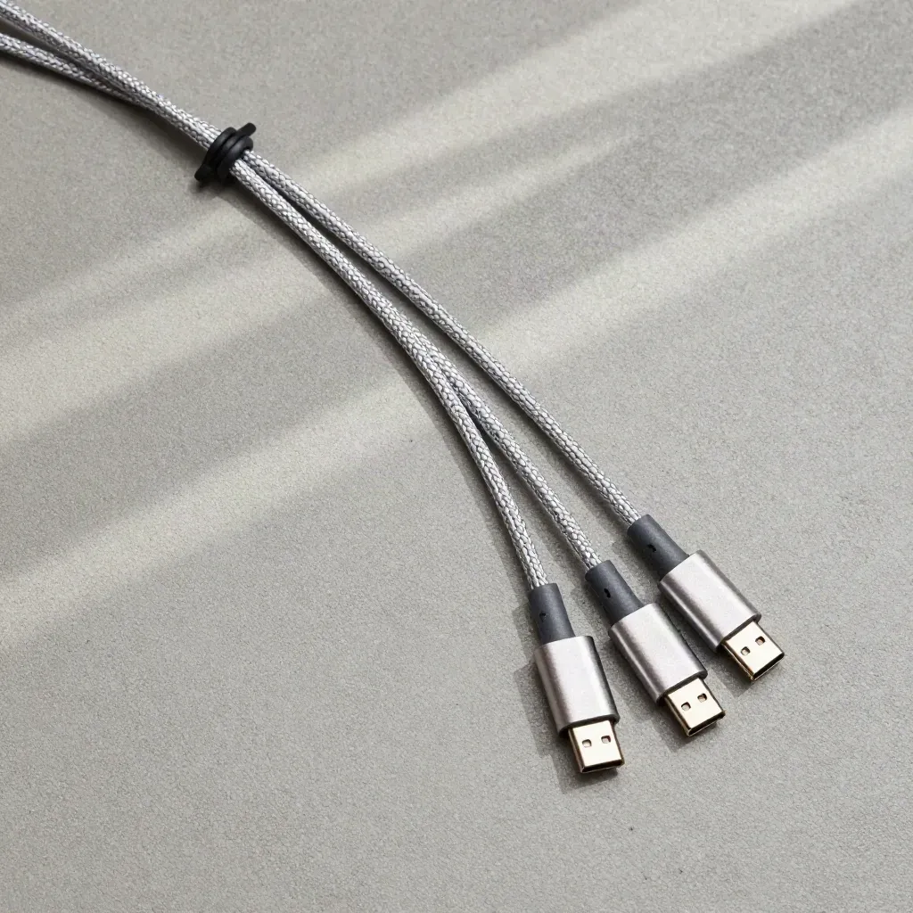 Overhead flatlay of a silver braided 3-in-1 USB charging cable on concrete.