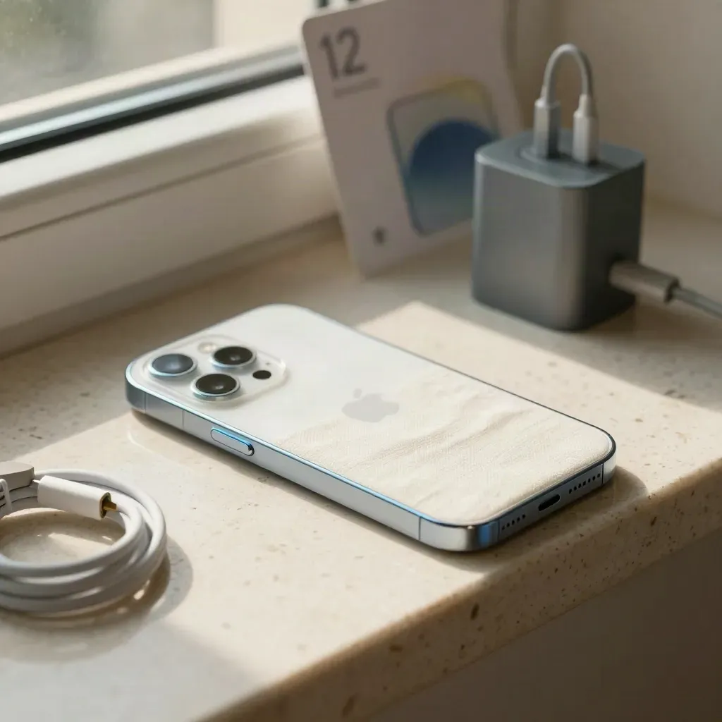 Refurbished iPhone mini on travertine with linen wrap, cable, and charger.