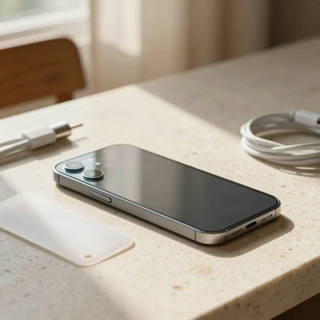 Refurbished phones on sunlit travertine with soft linen and oak blur