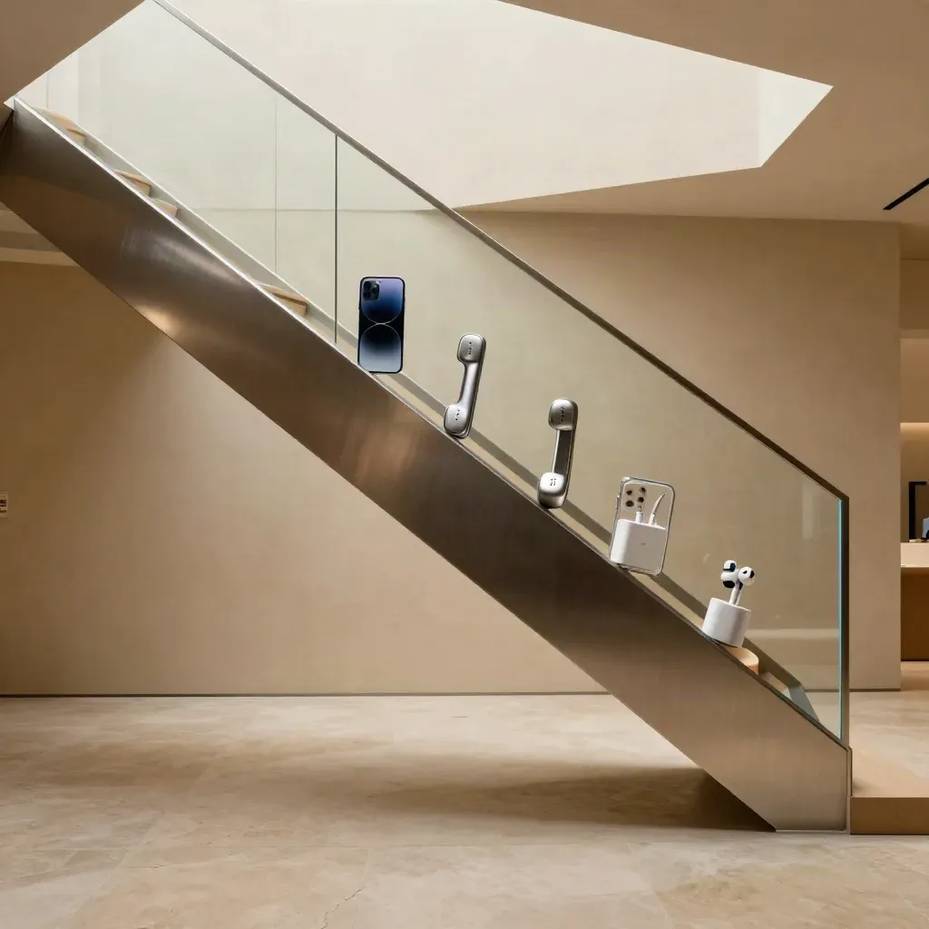 Minimal atrium with mobile phones on a high ledge and calm empty space below.
