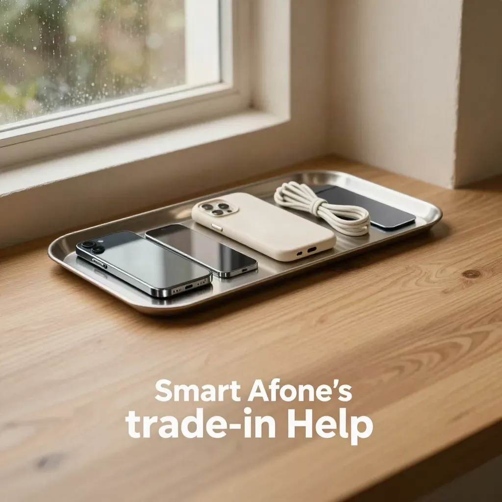 Trade-in help still life with refurbished phones, oak surface and neutral accessories in soft light