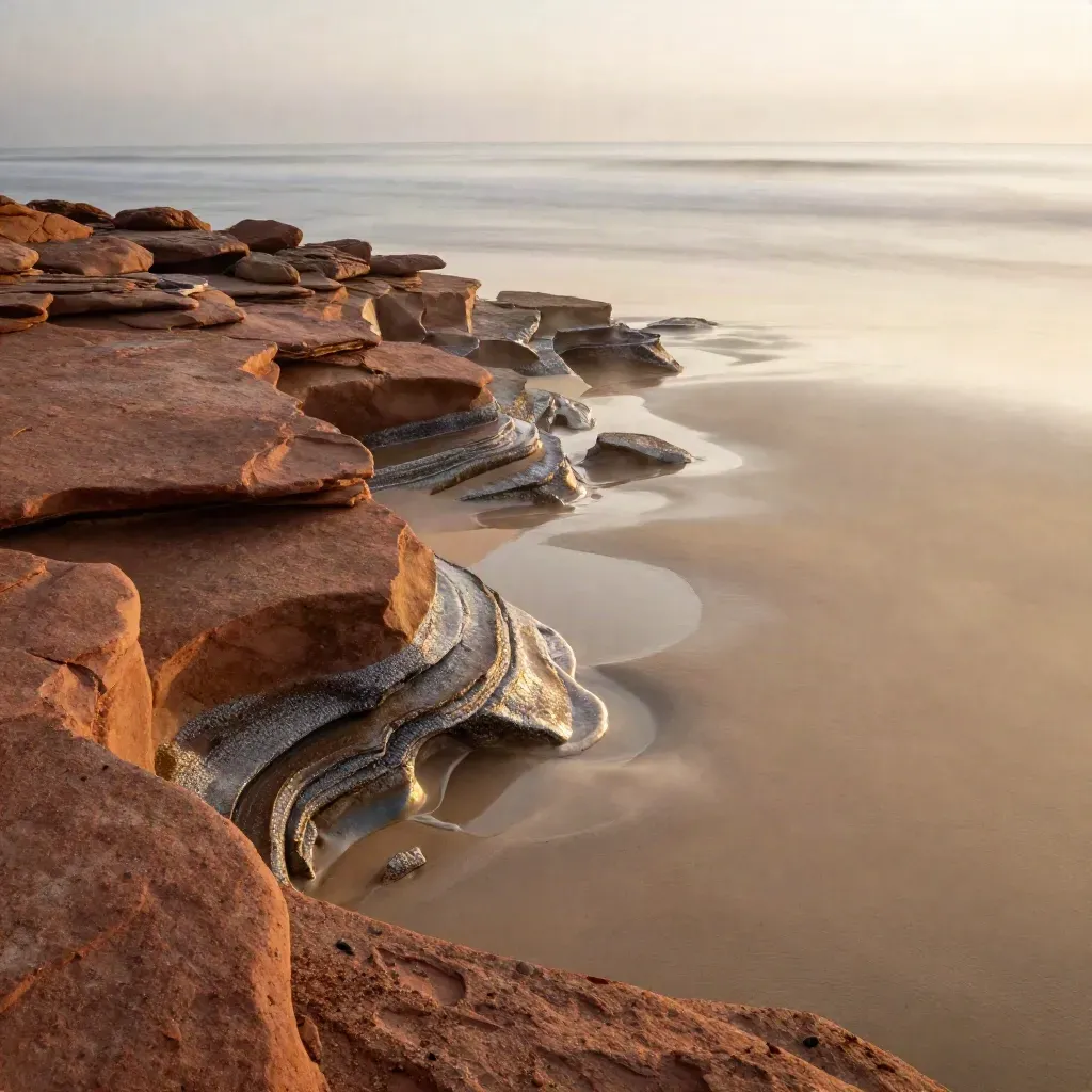 Misty sandstone shelf above a silver horizon, with calm open space below for copy.