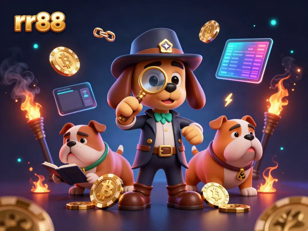 Examine thrilling rr88 poker gameplay with a detective and bulldog in a vibrant casino scene.